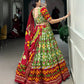 Lorenvalley Green Tussar Silk Patola Print With Foil Work And Original Mirror Gamthi Lace Lehenga Choli with Dupatta | Swadesiicart