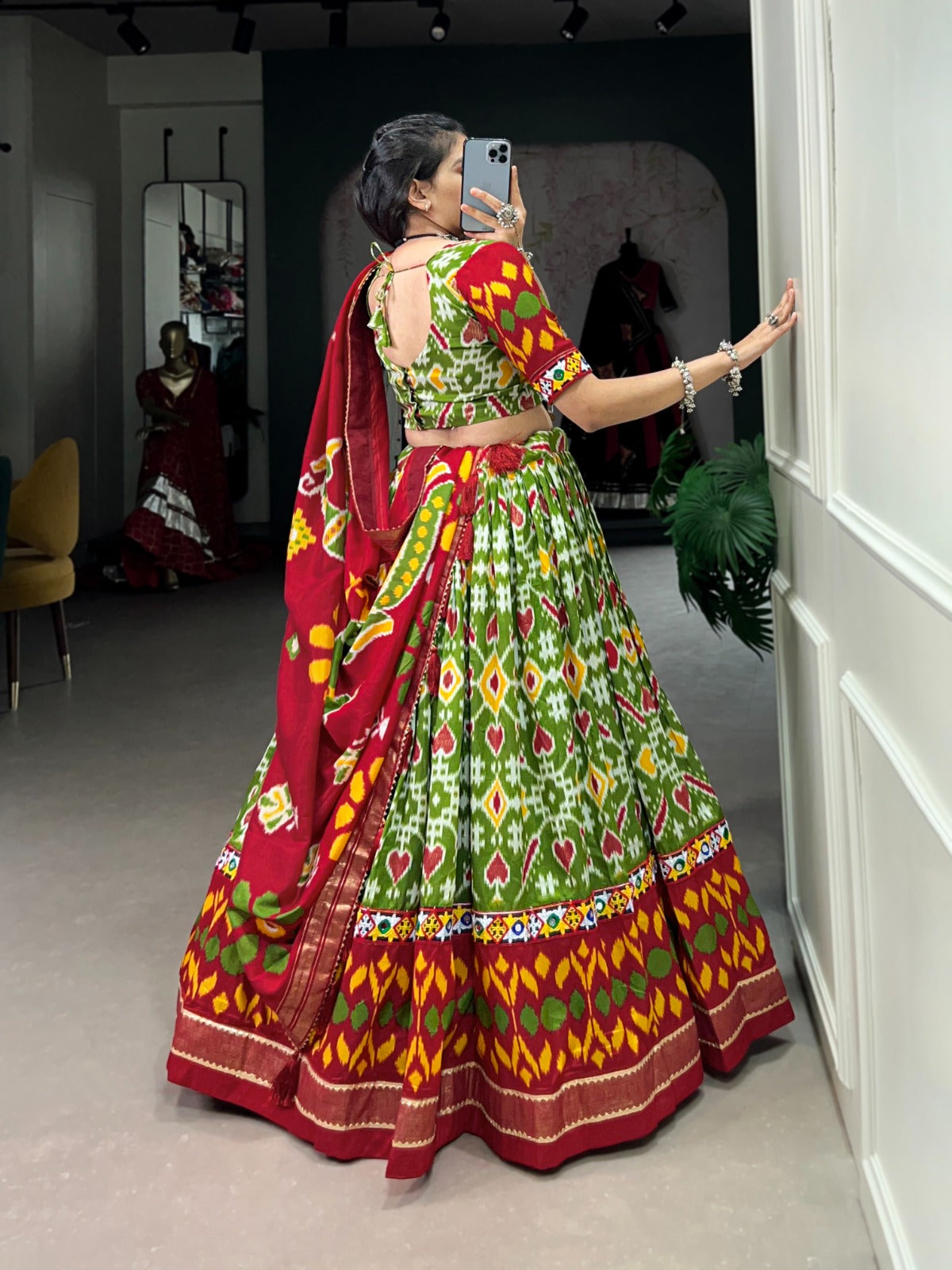 Lorenvalley Green Tussar Silk Patola Print With Foil Work And Original Mirror Gamthi Lace Lehenga Choli with Dupatta | Swadesiicart