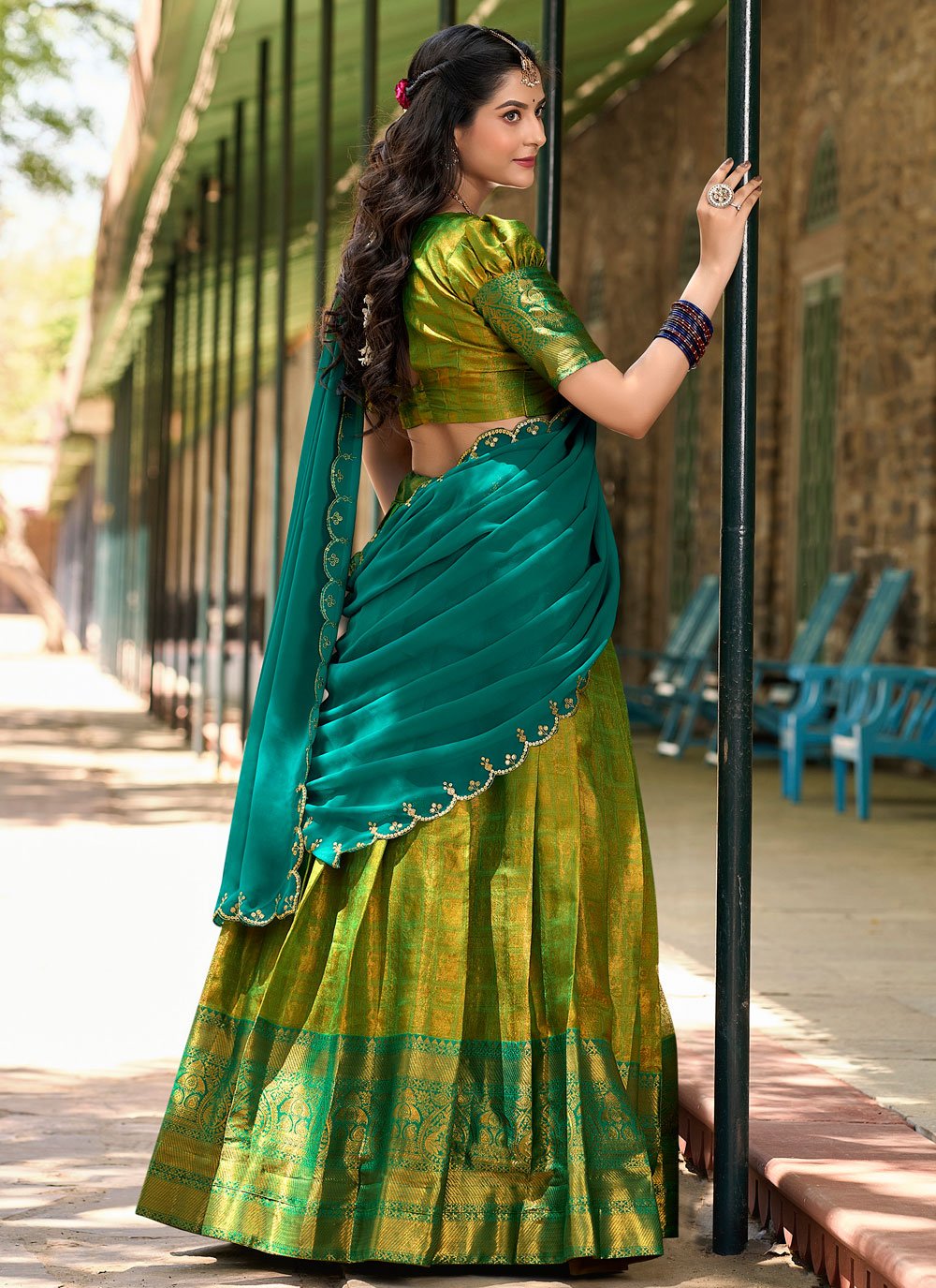 Lorenvalley Green Kanjivaram Silk Zari Weaving Lehenga Choli with Dupatta | Swadesiicart