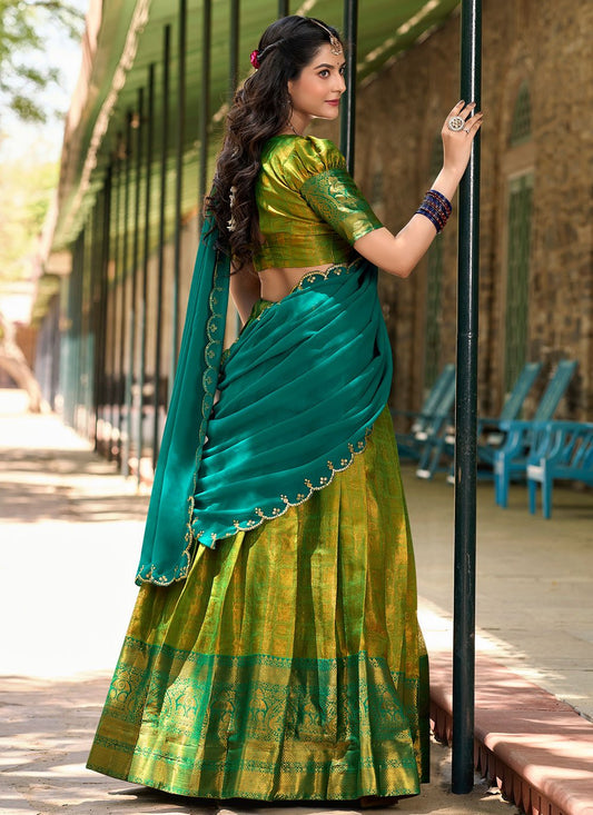Lorenvalley Green Kanjivaram Silk Zari Weaving Lehenga Choli with Dupatta | Swadesiicart