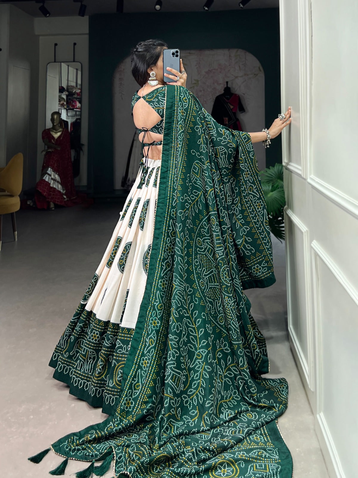 Lorenvalley Green Tussar Silk with Bandhej Print Lehenga Choli | Swadesiicart