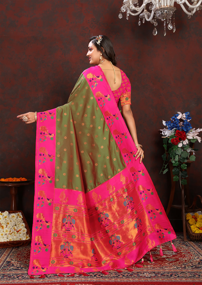 Lorenvalley Fashion Green Soft Paithani Silk Woven Design Rich Zari Meenakari Weaving Saree - Swadesiicart