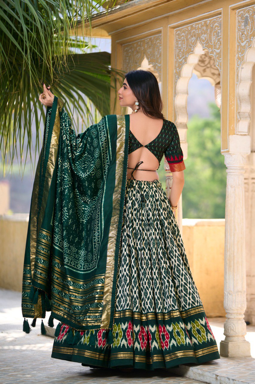 Lorenvalley Green Tussar Silk Ikkat Print With Foil Work Lehenga Choli with Dupatta | Swadesiicart