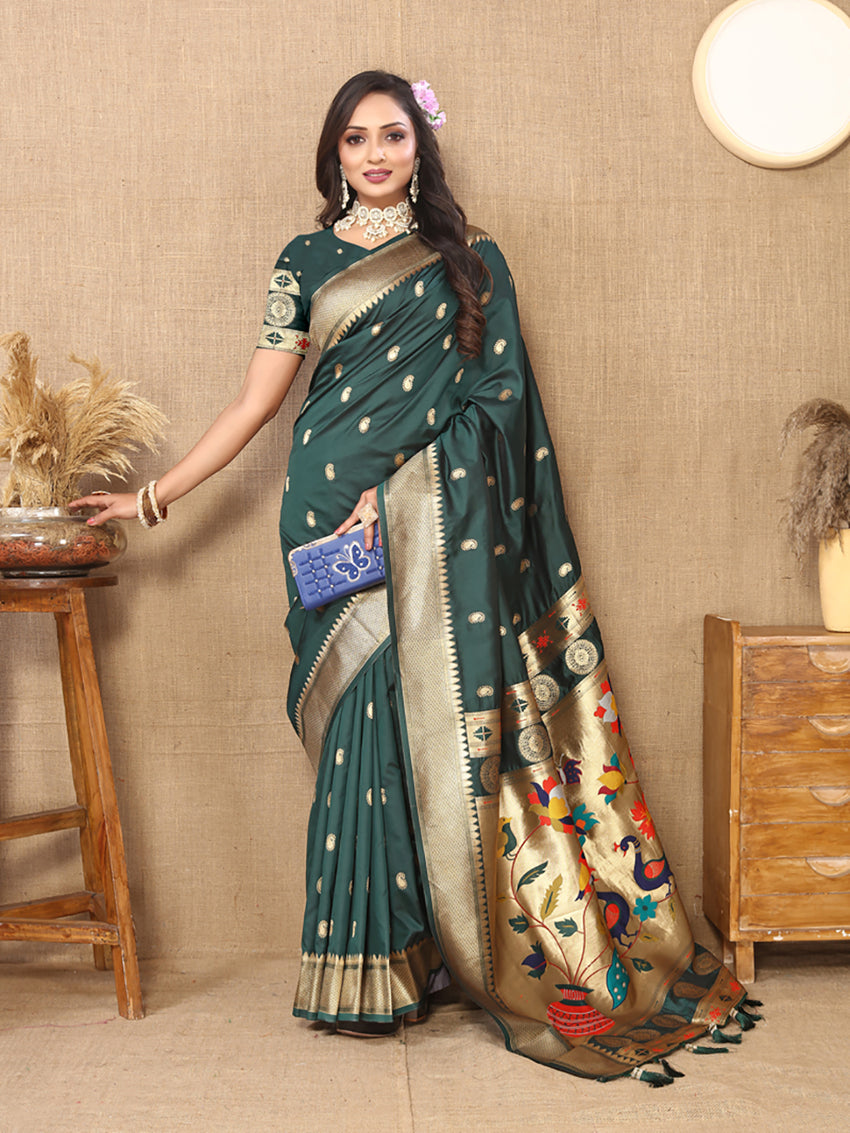 Lorenvalley Fashion Green Soft Paithani Silk Woven Design Rich Zari Meenakari Weaving Saree - Swadesiicart