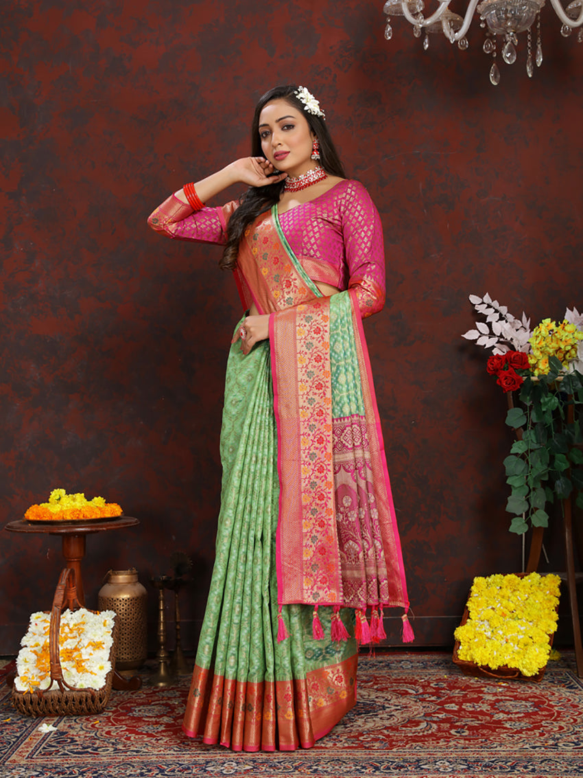 Lorenvalley Fashion Green Organza Silk Woven Design with Rich Meenakari Weaving Pallu Saree - Swadesiicart