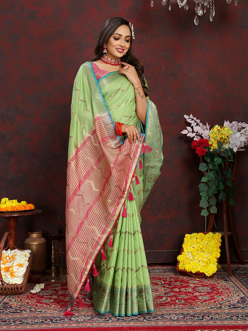 Lorenvalley Fashion Green Soft Katan Silk Woven Design Zari Weaving Pallu Saree - Swadesiicart