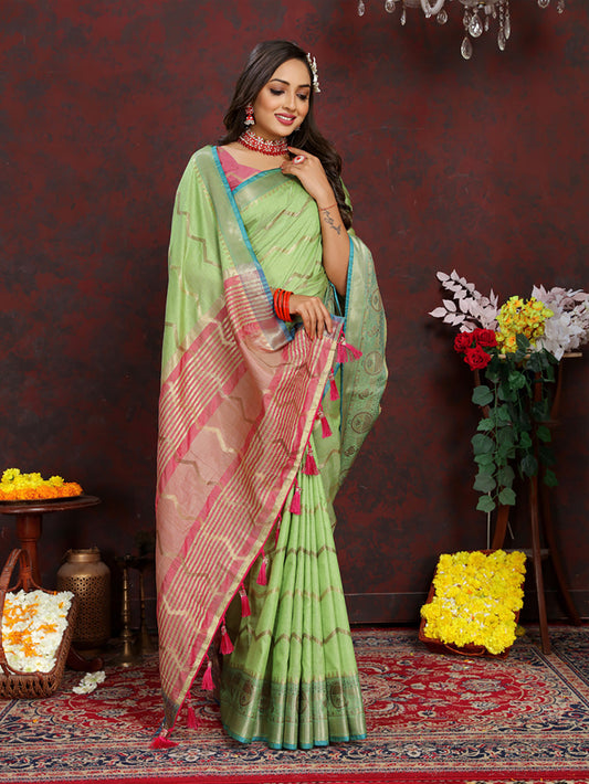 Lorenvalley Fashion Green Soft Katan Silk Woven Design Zari Weaving Pallu Saree - Swadesiicart