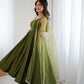 Lorenvalley Fashion Green Pure Romansilk Chanderi Fabric Yoke Fancy Lace Work Anarkali Kurta Pant With Dupatta Set - Swadesiicart