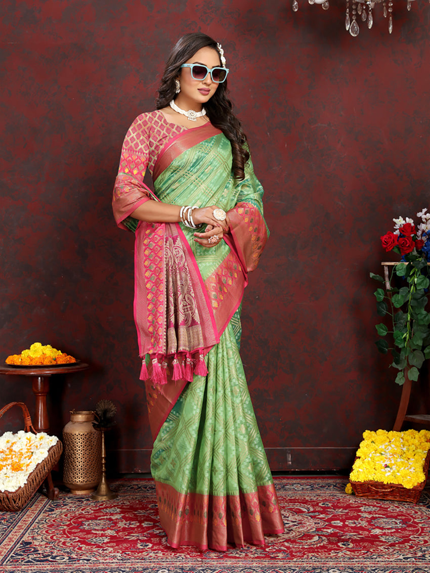 Lorenvalley Fashion Green Organza Silk Woven Design with Rich Meenakari Weaving Pallu Saree - Swadesiicart