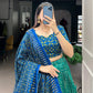 Lorenvalley Green Tussar Silk Bandhej And Ajarakh Print Lehenga Choli with Dupatta | Swadesiicart