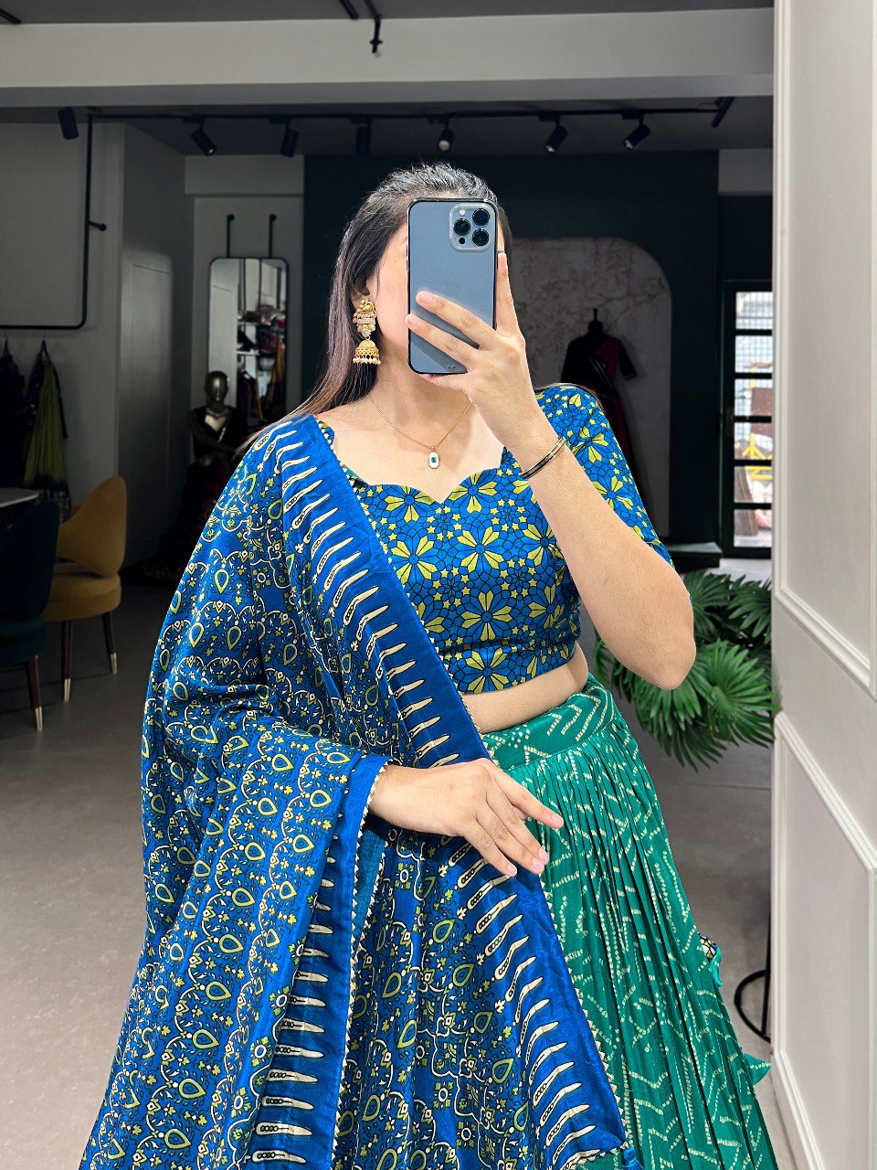 Lorenvalley Green Tussar Silk Bandhej And Ajarakh Print Lehenga Choli with Dupatta | Swadesiicart
