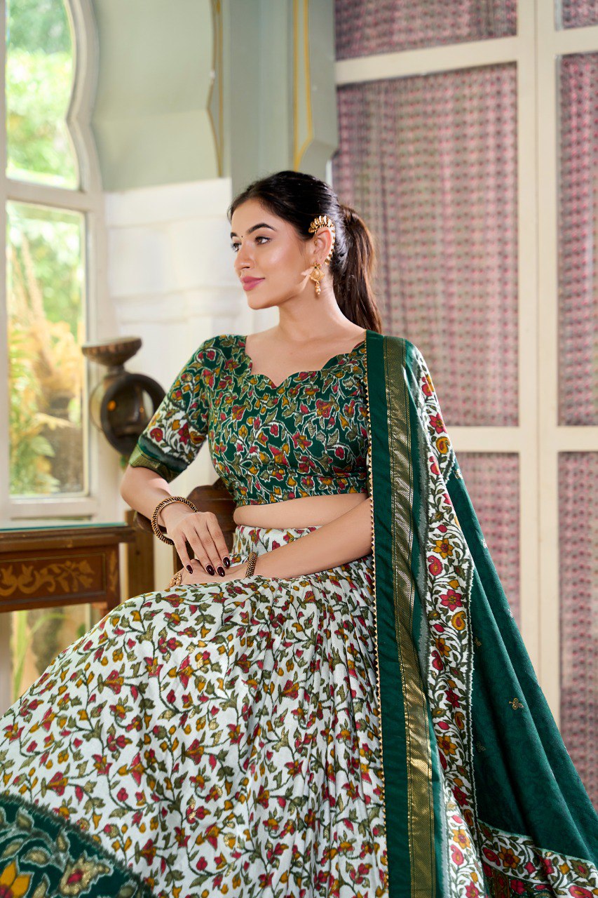 Lorenvalley Green Tussar Silk Floral Print with Foil Print Lehenga Choli with Dupatta | Swadesiicart