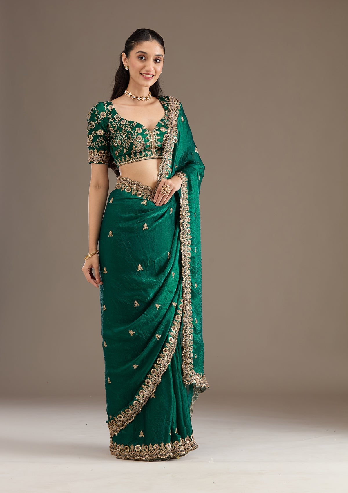 Lorenvalley Fashion Green Fendy Satin with Embroidery Double Sequence Work Saree with Blouse - Swadesiicart