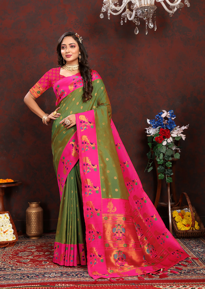 Lorenvalley Fashion Green Soft Paithani Silk Woven Design Rich Zari Meenakari Weaving Saree - Swadesiicart