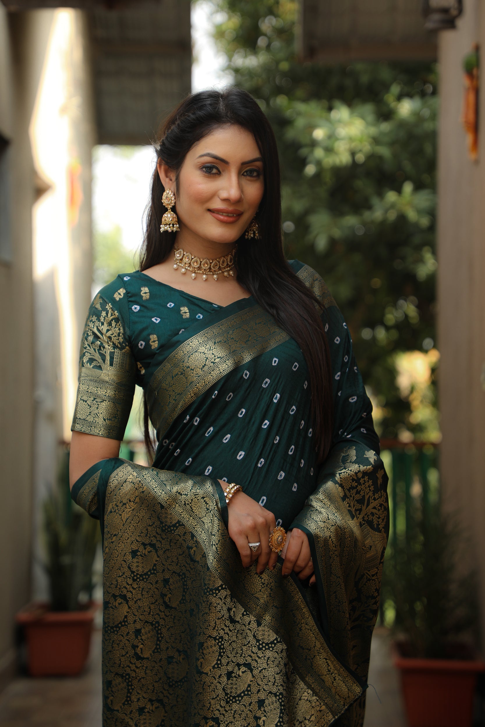 Lorenvalley Premium Pure Handmade Bandhej Kanjivaram silk saree with Zari Weaving Rich Pallu saree - Green - Swadesiicart
