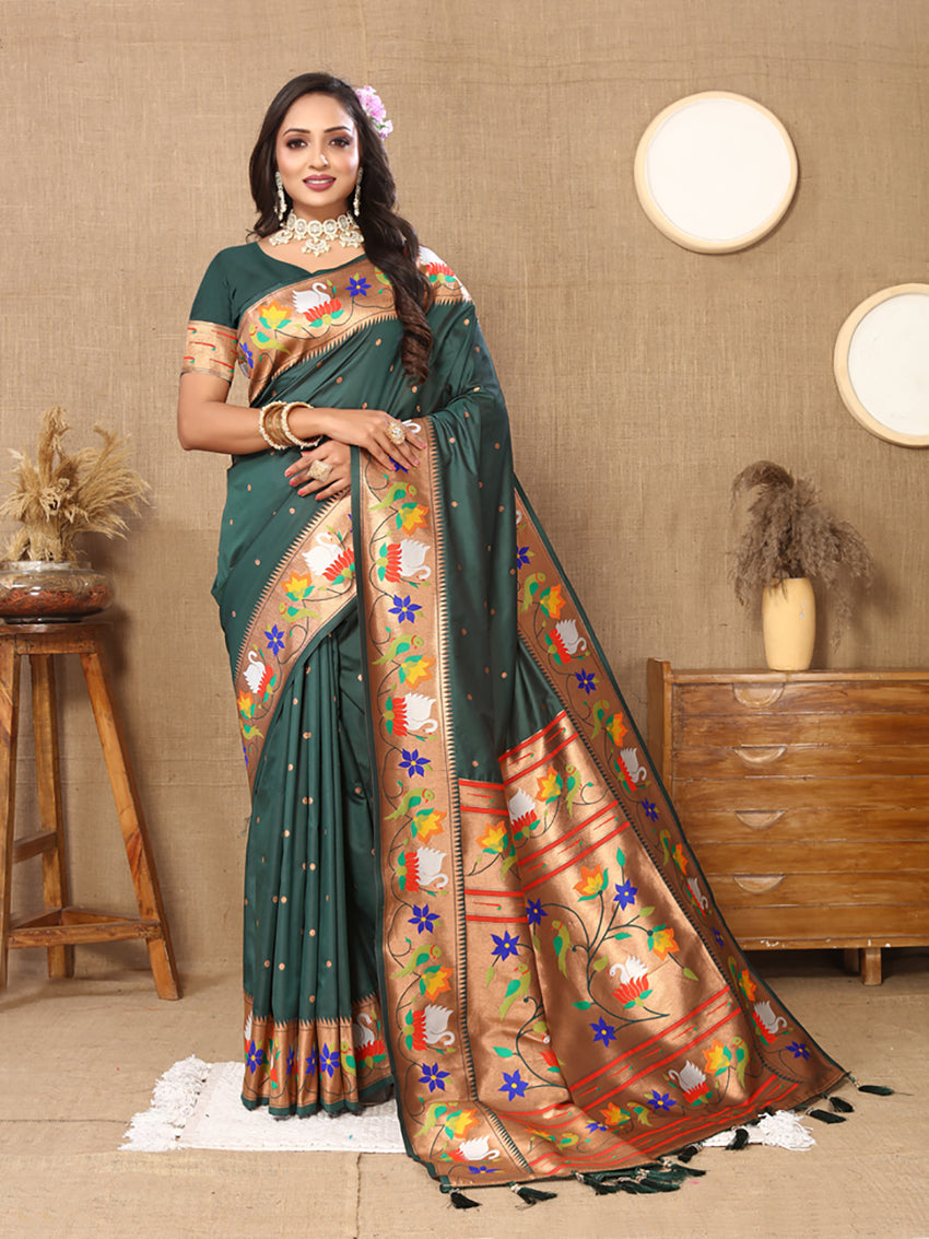 Lorenvalley Fashion Green Soft Paithani Silk Woven Design Rich Zari Meenakari Weaving Saree - Swadesiicart