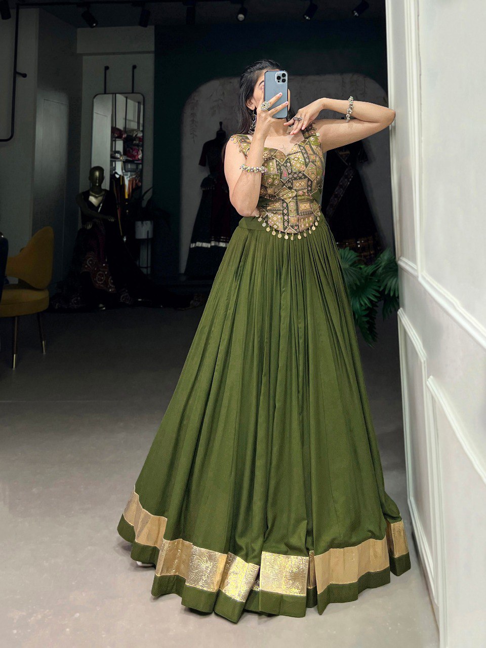 Lorenvalley Green Pure Rayon Plain With Embossed Design Lace Touch Up Lehenga Choli | Swadesiicart