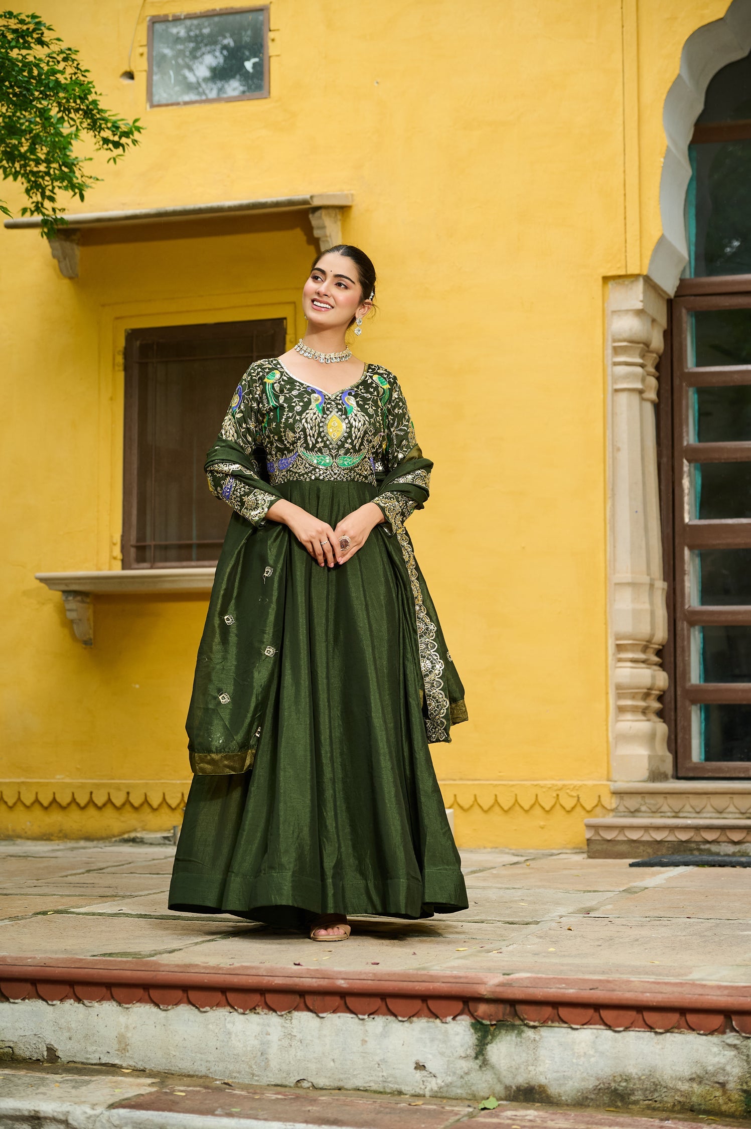 Lorenvalley Fashion Green Vichitra Silk with Multi Thread & Embroidered work Anarkali Gown with Dupatta - Swadesiicart