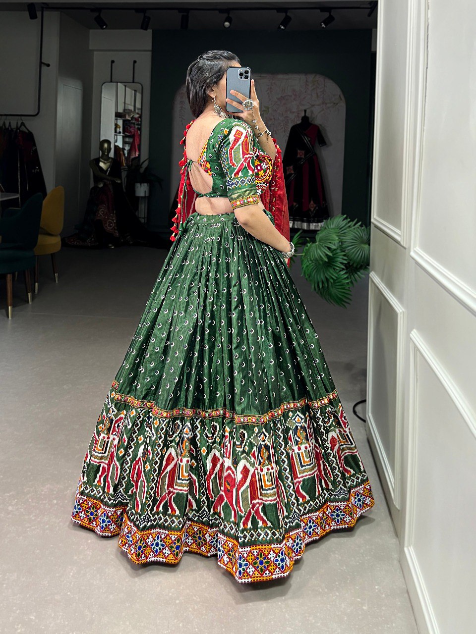 Lorenvalley Dola Silk Green Patola Print With Gamthi Work Lace Border Lehenga Choli with Dupatta | Swadesiicart