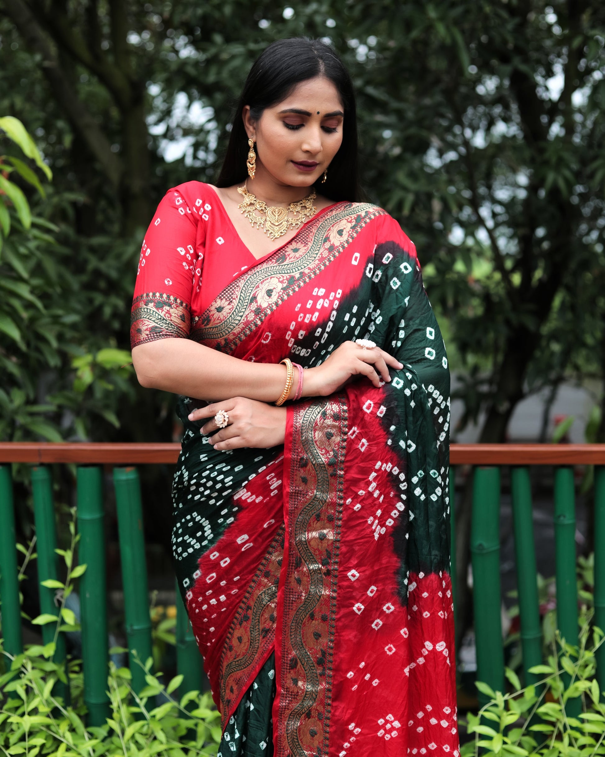 Lorenvalley Premium Pure Bandhej Tapeta Soft light weight silk saree with zari weaving Border - Multicolor - Swadesiicart