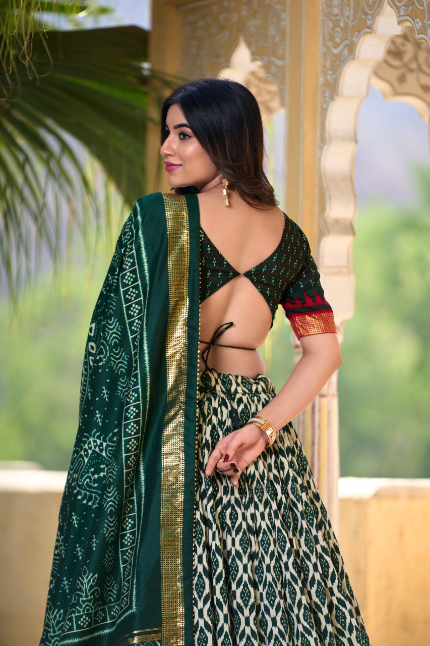 Lorenvalley Green Tussar Silk Ikkat Print With Foil Work Lehenga Choli with Dupatta | Swadesiicart