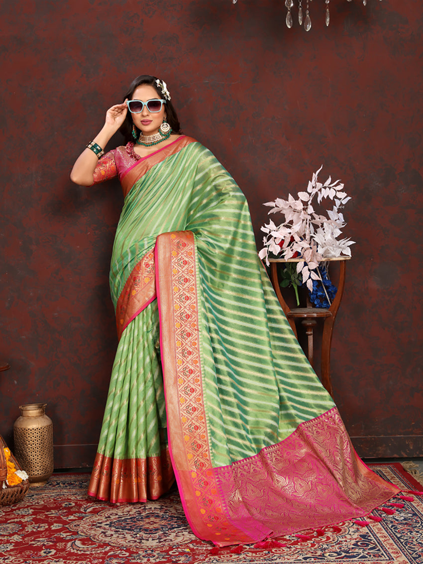 Lorenvalley Fashion Green Organza Silk Woven Design with Rich Meenakari Weaving Pallu Saree - Swadesiicart