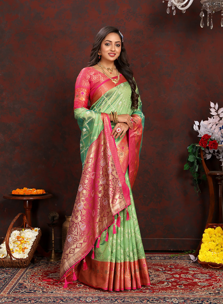 Lorenvalley Fashion Green Organza Silk Woven Design with Rich Meenakari Weaving Pallu Saree - Swadesiicart