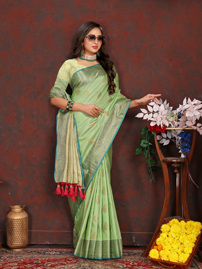 Lorenvalley Fashion Green Soft Katan Silk Woven Design Zari Weaving Pallu Saree - Swadesiicart