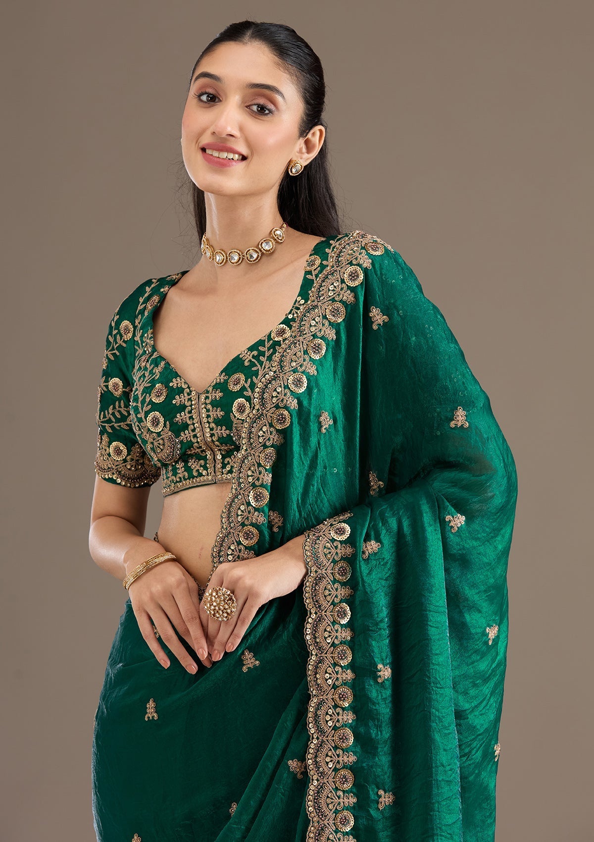 Lorenvalley Fashion Green Fendy Satin with Embroidery Double Sequence Work Saree with Blouse - Swadesiicart