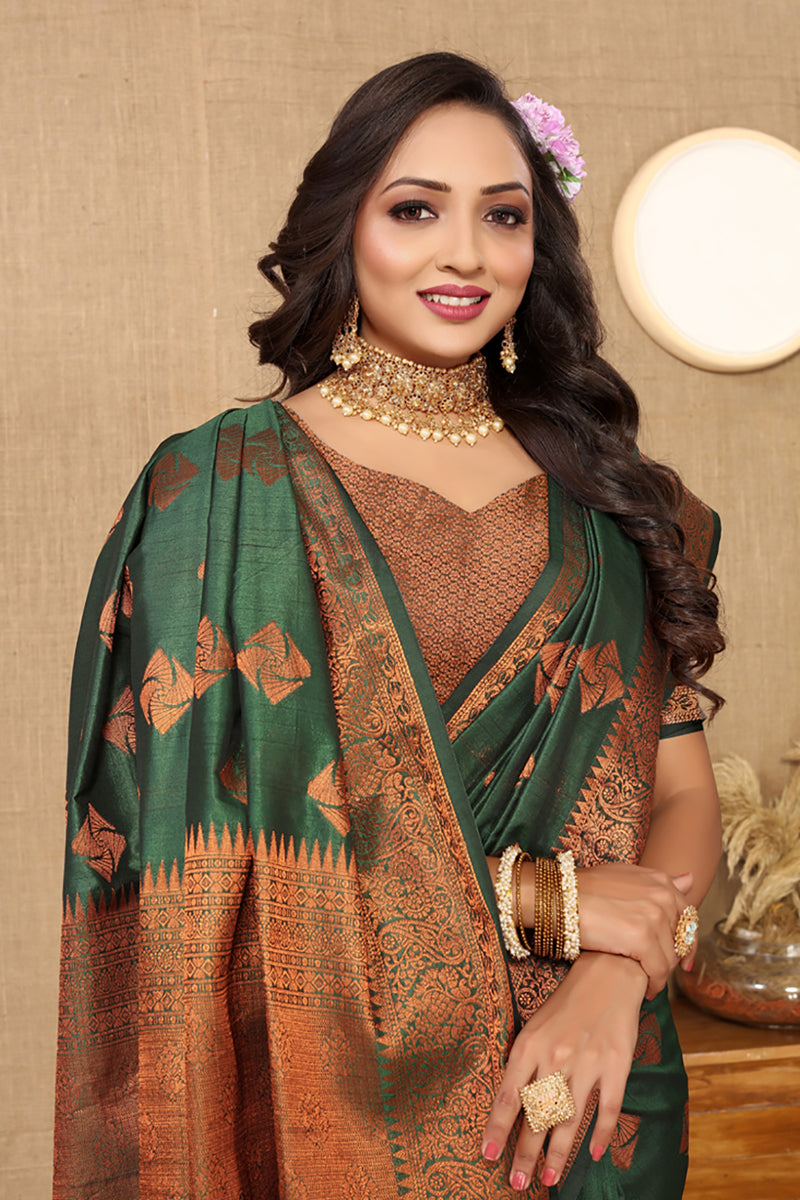Lorenvalley Fashion Green Soft Katan Silk Woven Design Copper Zari Weaving Saree - Swadesiicart
