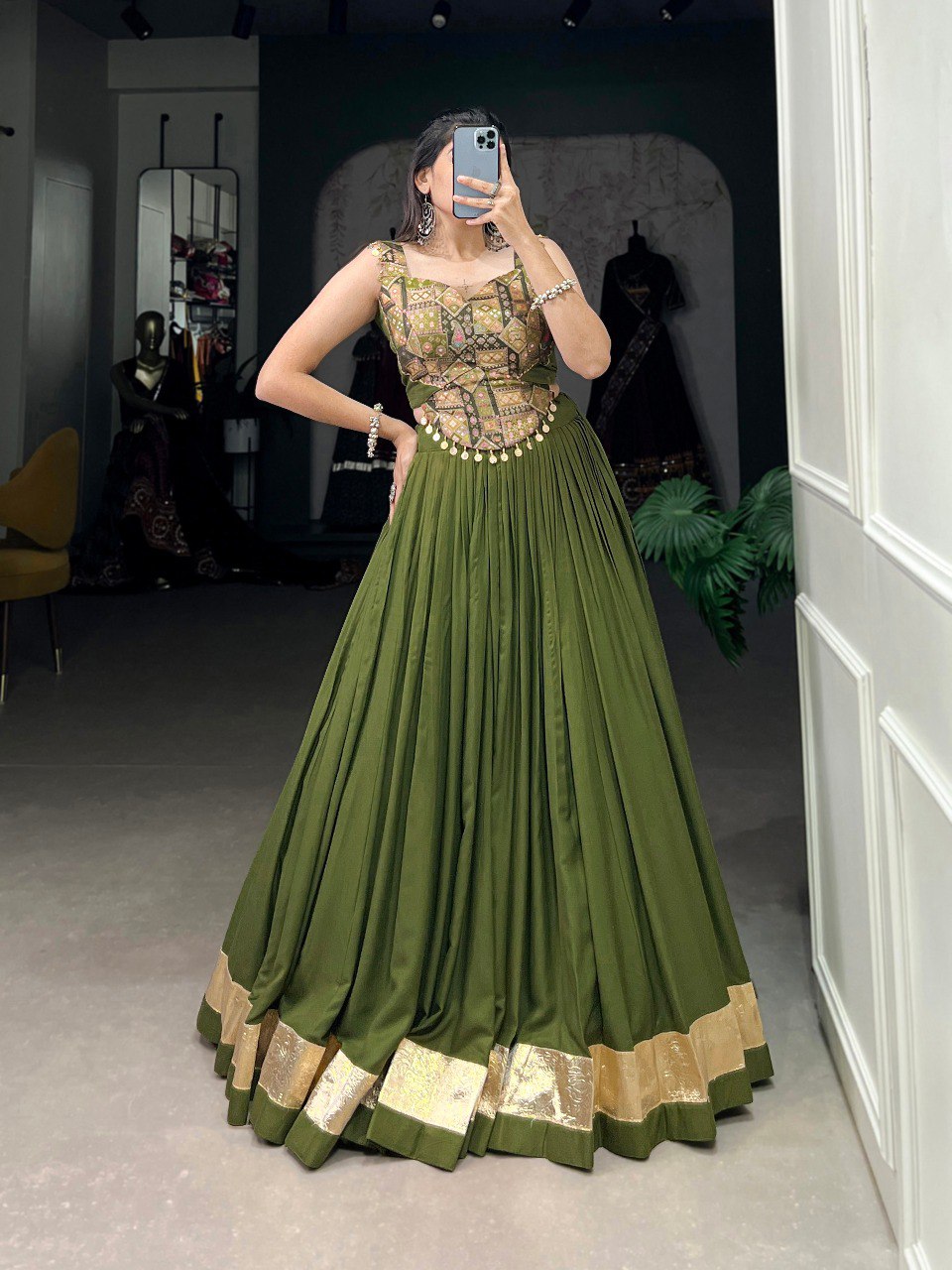 Lorenvalley Green Pure Rayon Plain With Embossed Design Lace Touch Up Lehenga Choli | Swadesiicart
