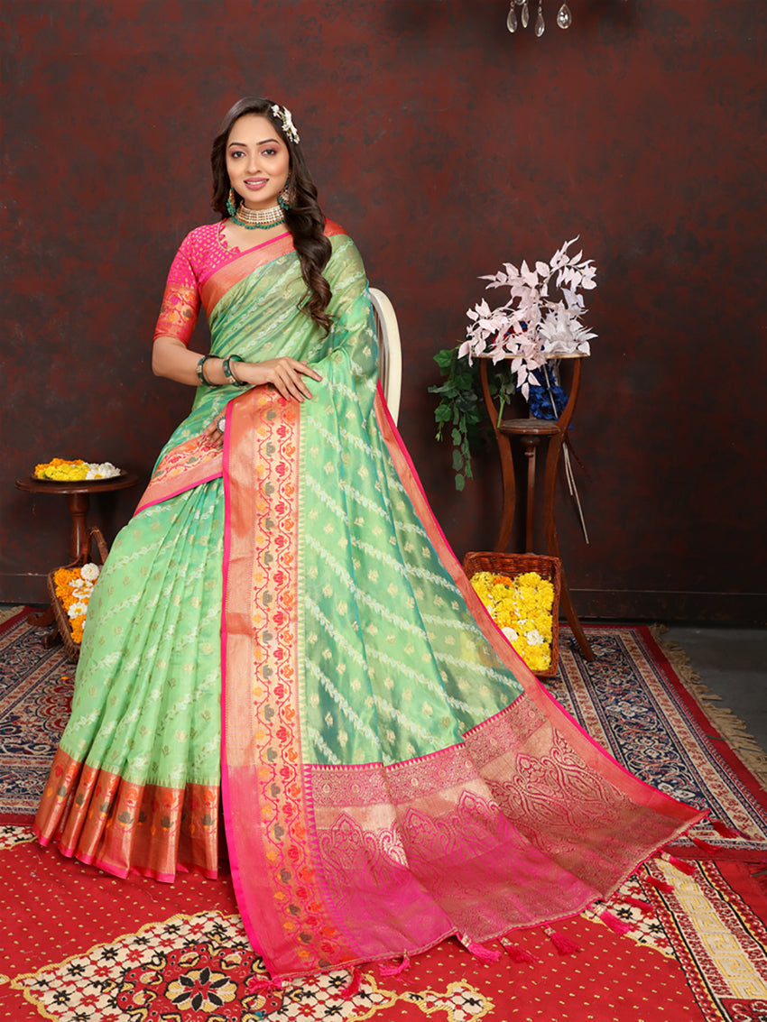 Lorenvalley Fashion Green Organza Silk Woven Design with Rich Meenakari Weaving Pallu Saree - Swadesiicart