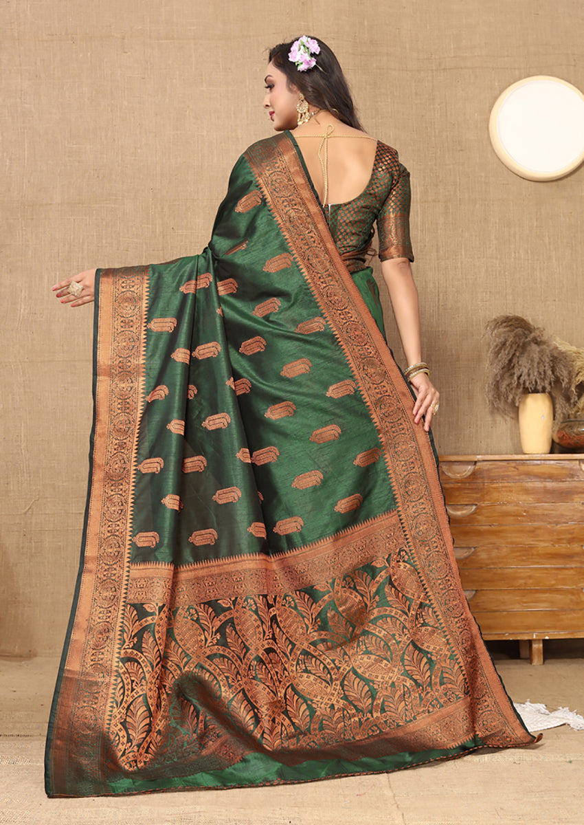 Lorenvalley Fashion Green Soft Katan Silk Woven Design Copper Zari Weaving Saree - Swadesiicart