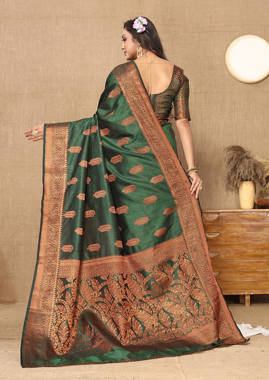 Lorenvalley Fashion Green Soft Katan Silk Woven Design Copper Zari Weaving Saree - Swadesiicart