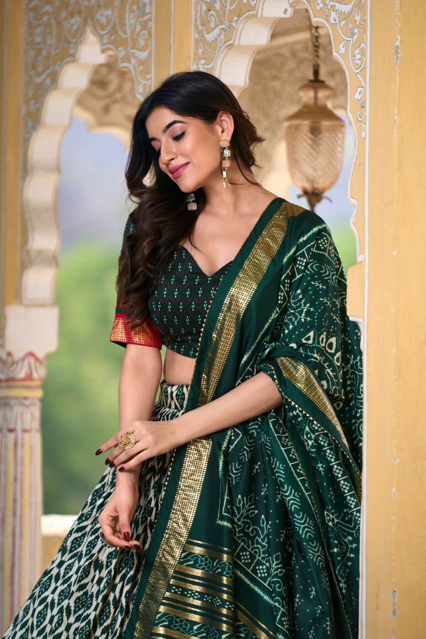 Lorenvalley Green Tussar Silk Ikkat Print With Foil Work Lehenga Choli with Dupatta | Swadesiicart