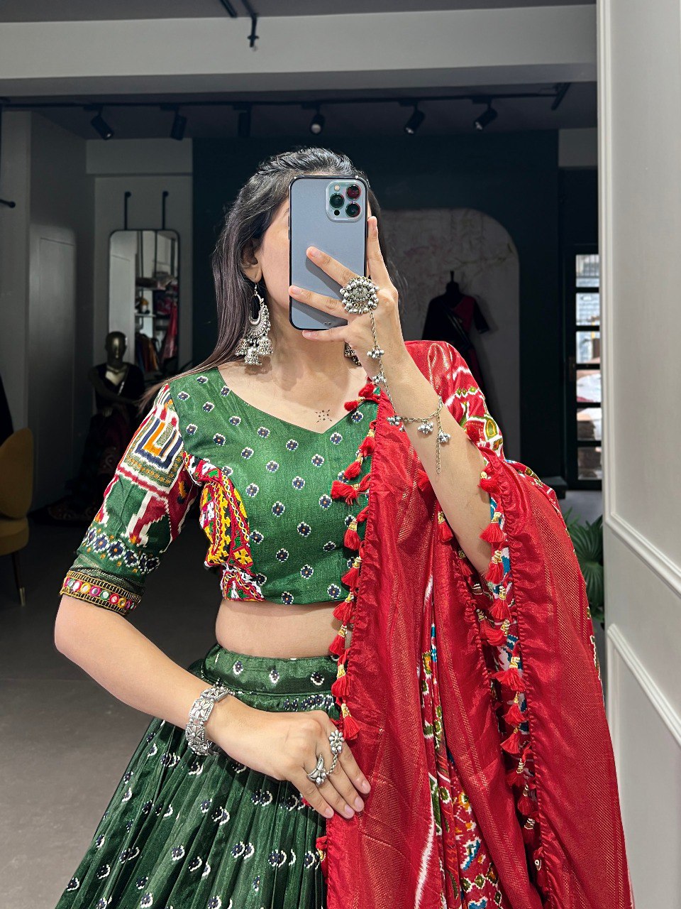 Lorenvalley Green Dola Silk Patola Print With Gamthi Work Lace Border Lehenga Choli with Dupatta | Swadesiicart
