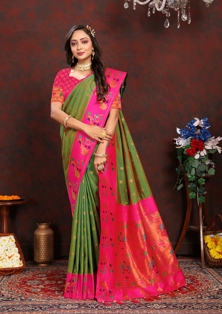 Lorenvalley Fashion Green Soft Paithani Silk Woven Design Rich Zari Meenakari Weaving Saree - Swadesiicart