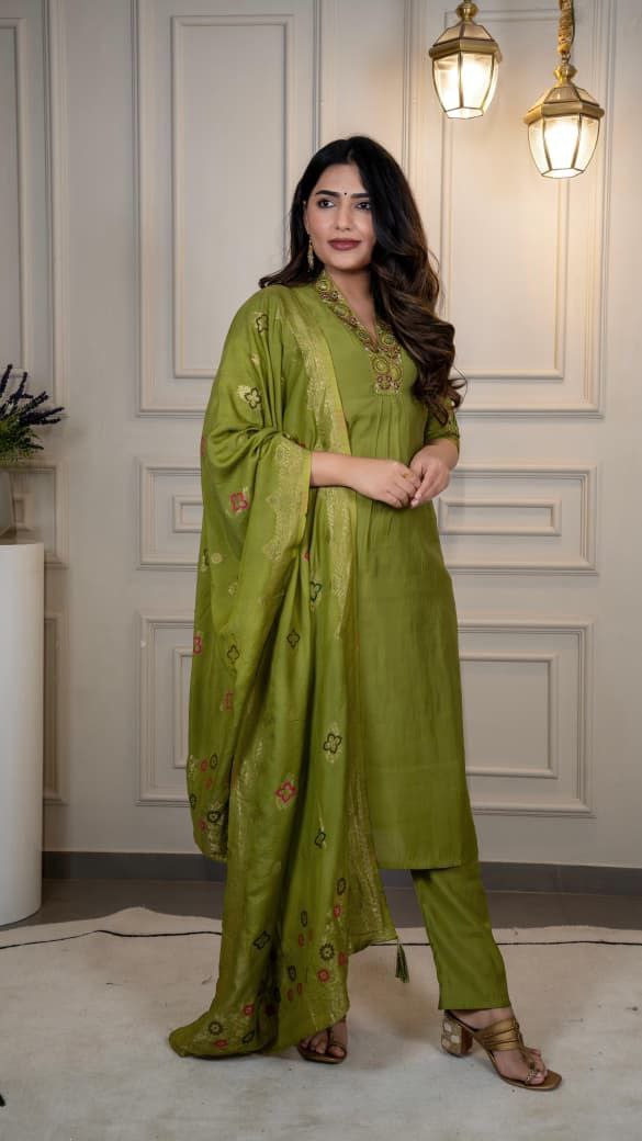 Lorenvalley Fashion Green Roman Silk Embroidery Sequence Work Kurta Pant with Dupatta - Swadesiicart