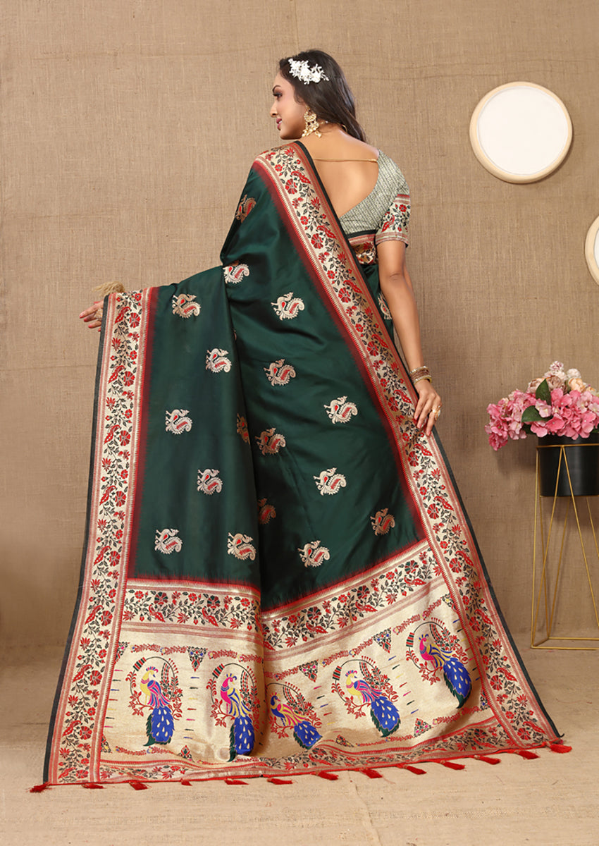 Lorenvalley Fashion Green Soft Paithani Silk Woven Design Rich Meenakari Zari Weaving Pallu Saree - Swadesiicart