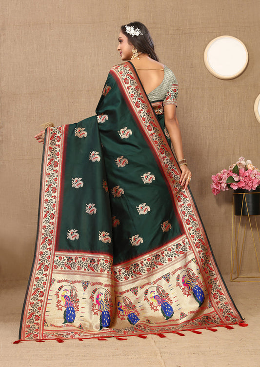 Lorenvalley Fashion Green Soft Paithani Silk Woven Design Rich Meenakari Zari Weaving Pallu Saree - Swadesiicart