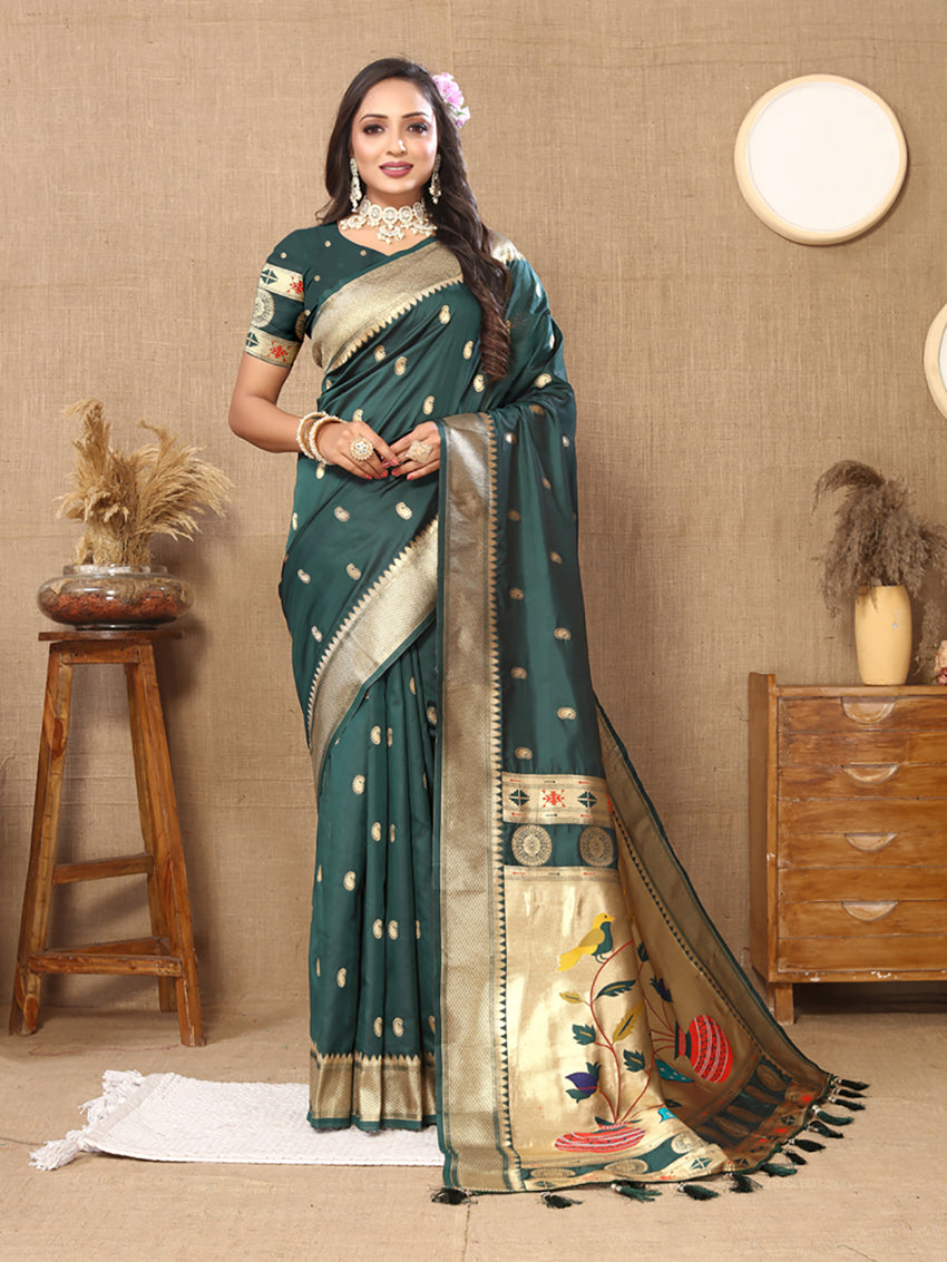 Lorenvalley Fashion Green Soft Paithani Silk Woven Design Rich Zari Meenakari Weaving Saree - Swadesiicart