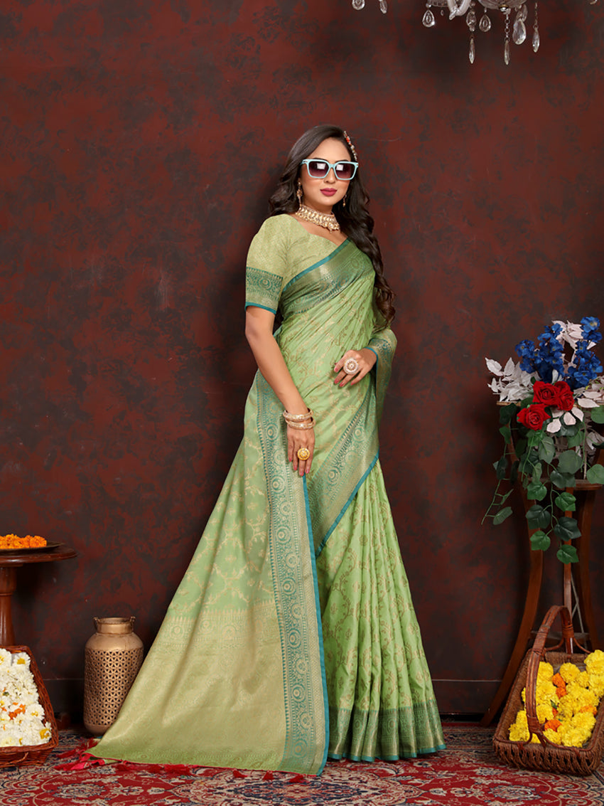 Lorenvalley Fashion Green Soft Katan Silk Woven Design Zari Weaving Pallu Saree - Swadesiicart