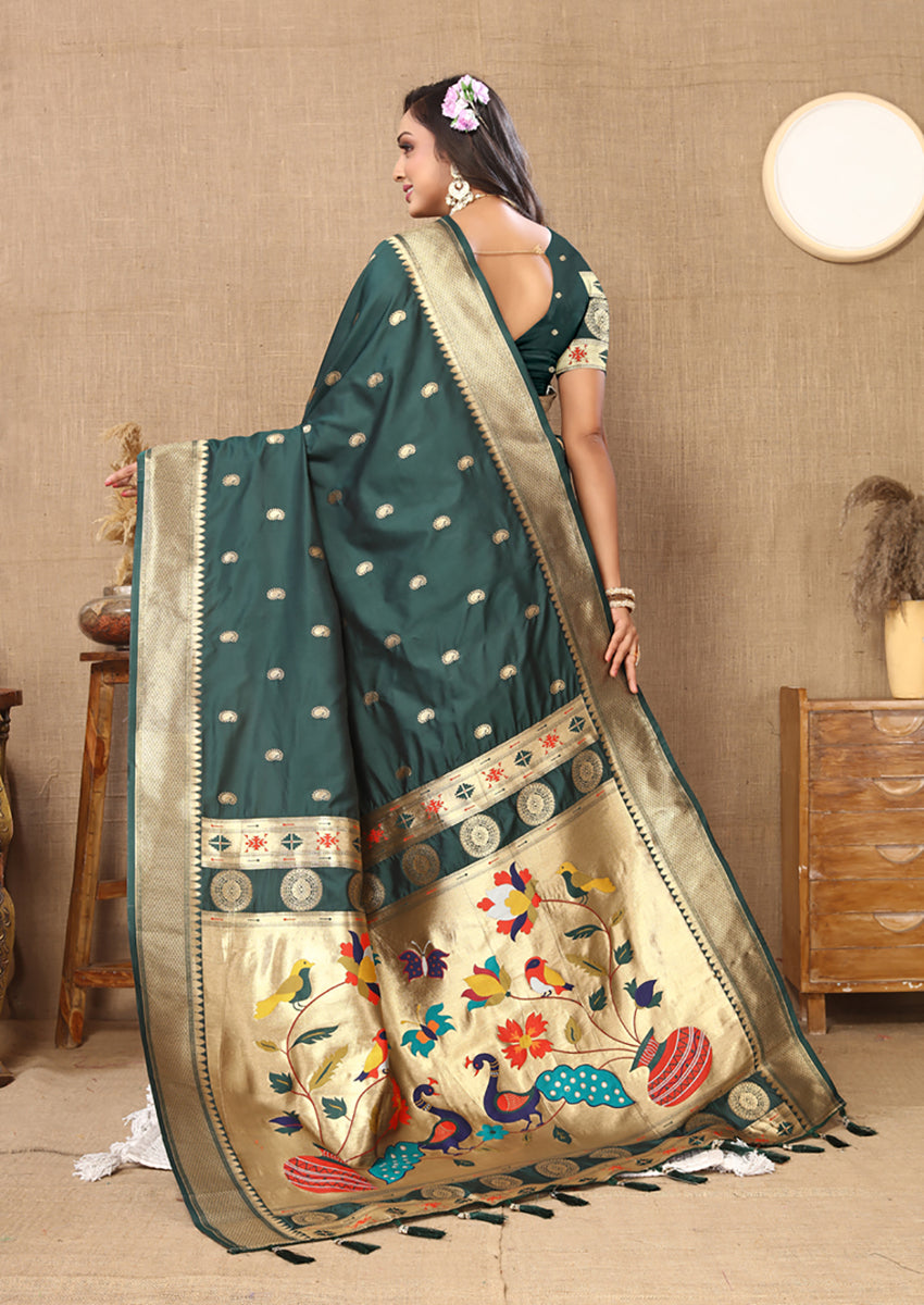 Lorenvalley Fashion Green Soft Paithani Silk Woven Design Rich Zari Meenakari Weaving Saree - Swadesiicart