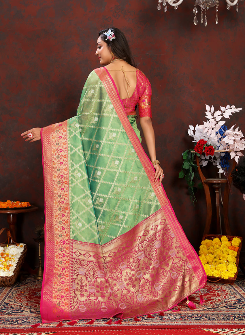 Lorenvalley Fashion Green Organza Silk Woven Design with Rich Meenakari Weaving Pallu Saree - Swadesiicart