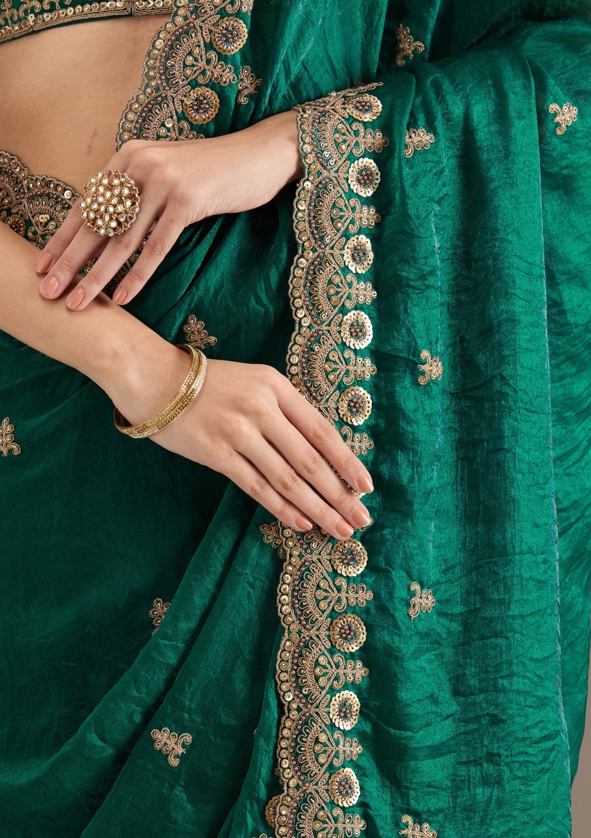 Lorenvalley Fashion Green Fendy Satin with Embroidery Double Sequence Work Saree with Blouse - Swadesiicart