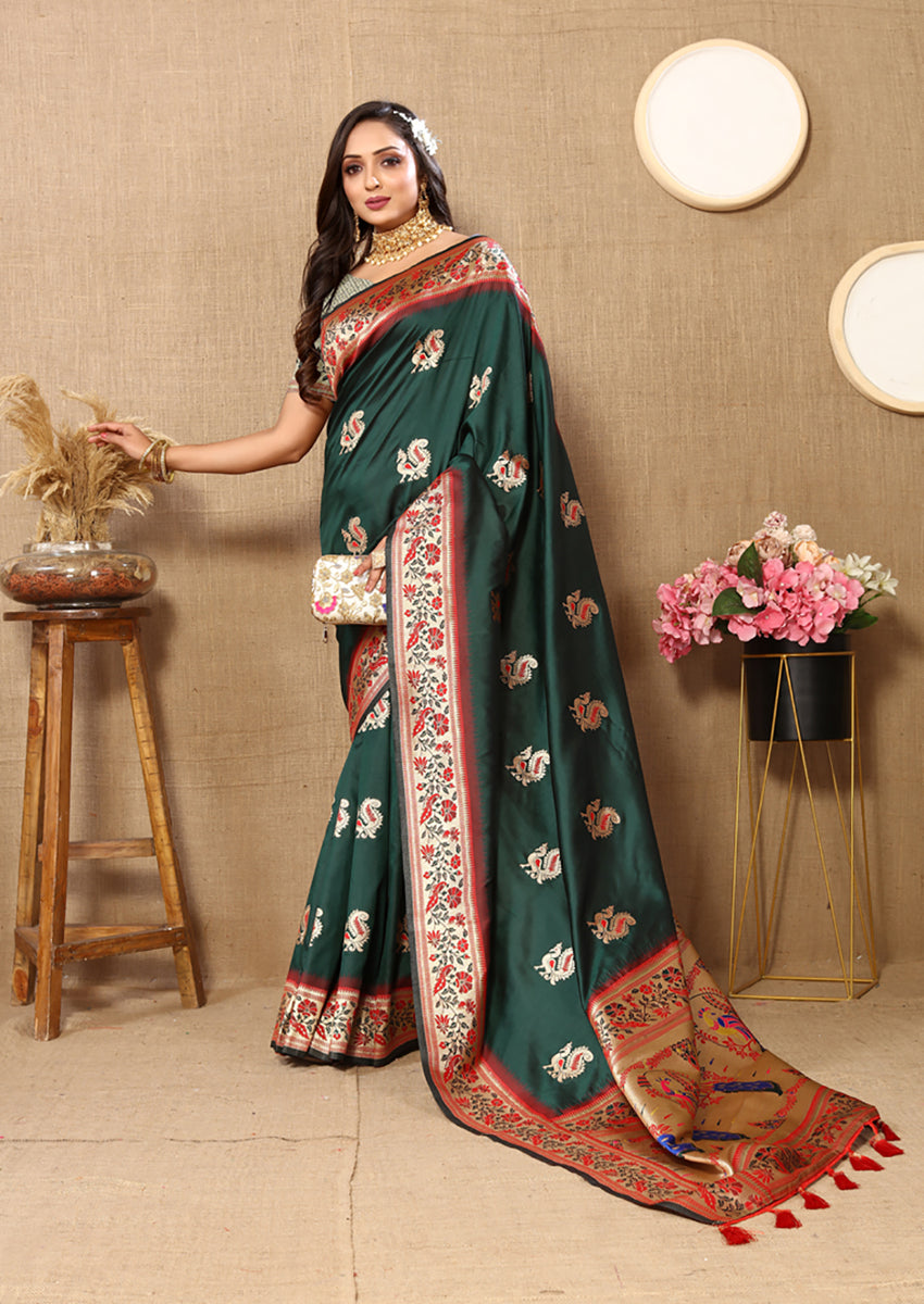 Lorenvalley Fashion Green Soft Paithani Silk Woven Design Rich Meenakari Zari Weaving Pallu Saree - Swadesiicart