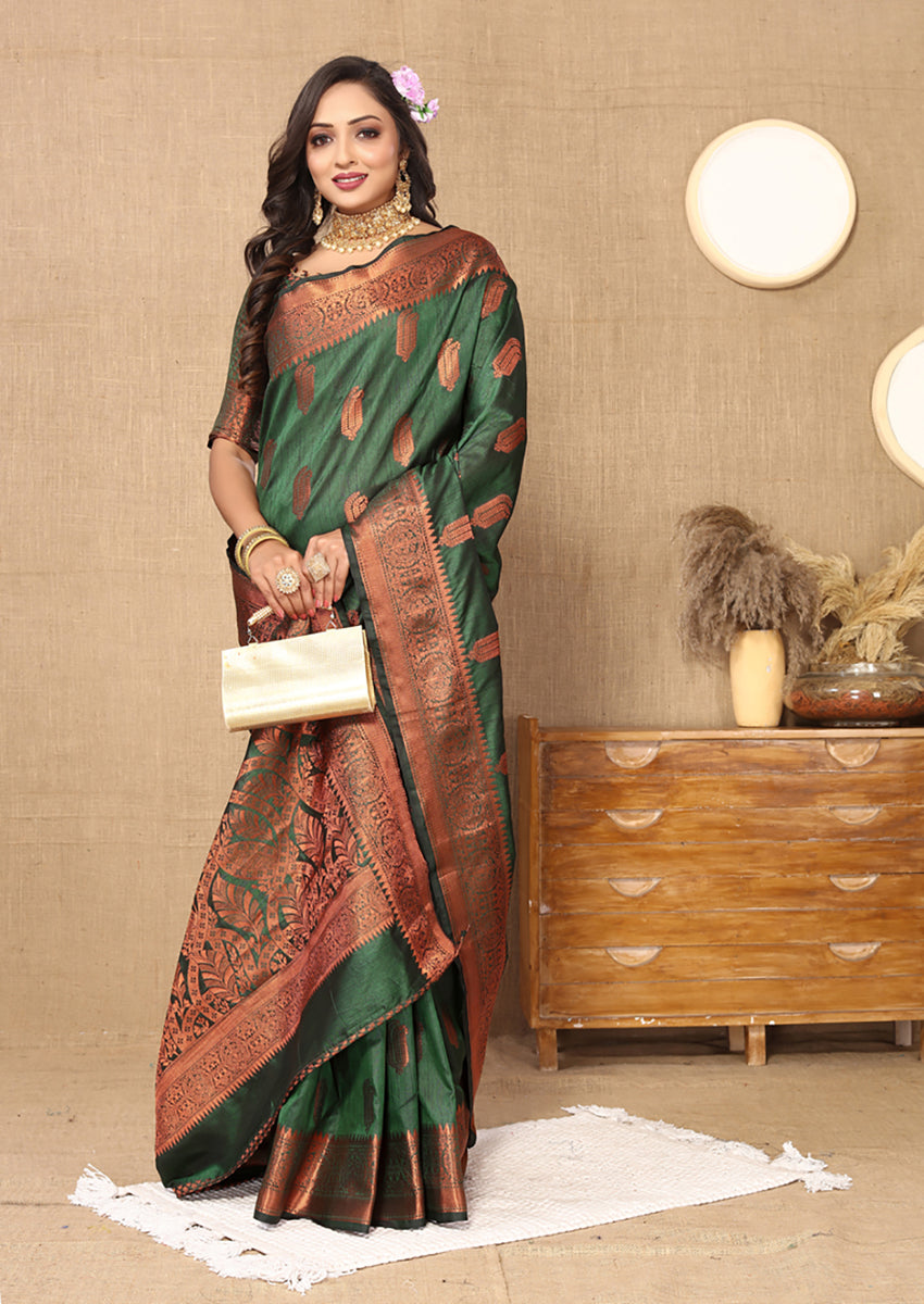 Lorenvalley Fashion Green Soft Katan Silk Woven Design Copper Zari Weaving Saree - Swadesiicart
