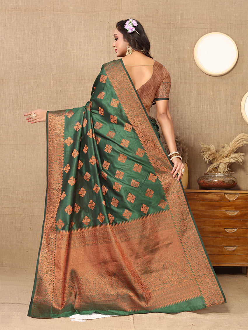 Lorenvalley Fashion Green Soft Katan Silk Woven Design Copper Zari Weaving Saree - Swadesiicart
