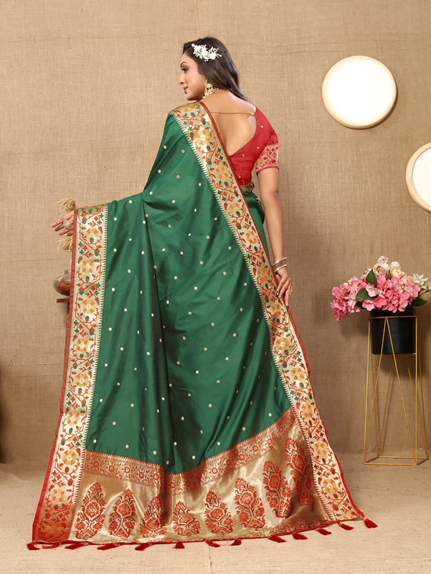 Lorenvalley Fashion Green Soft Paithani Silk Woven Design Rich Meenakari Zari Weaving Pallu Saree - Swadesiicart