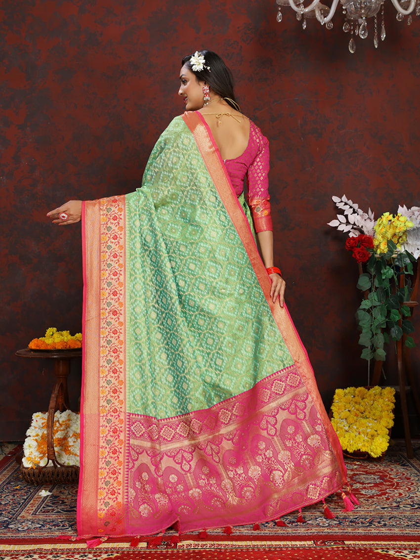 Lorenvalley Fashion Green Organza Silk Woven Design with Rich Meenakari Weaving Pallu Saree - Swadesiicart